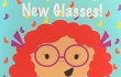cover of the picture book "I'm getting new glasses!" by Beth Ann Ramos. The cover has a girl with big curly red hair wearing round purple glasses and a purple dress and purple bows. Her eyes are open wide and she has a big smile and her arms are outstretched.